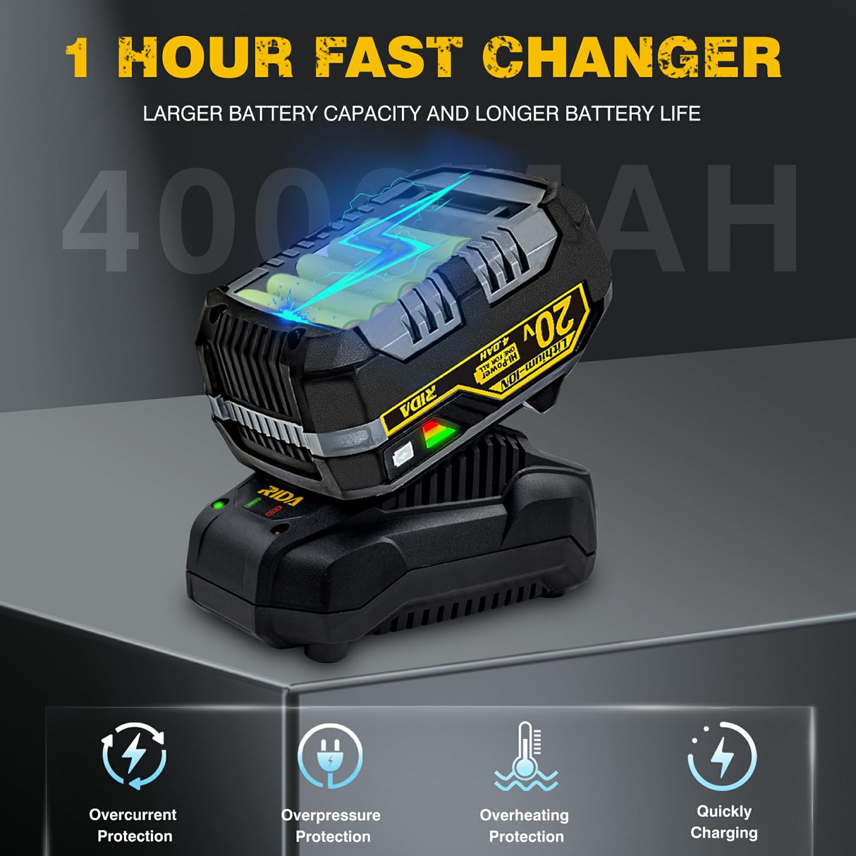 RIDA Cordless Impact Wrench, 1/2 POWER Impact Gun w/ 5 Torque Options Max 300 Ft-lbs (400N.m) Power w/ 4.0Ah Li-ion Battery & 1 Hour Fast Charger, 4 Sockets, Electric Impact Wrench for Car Home RIDA