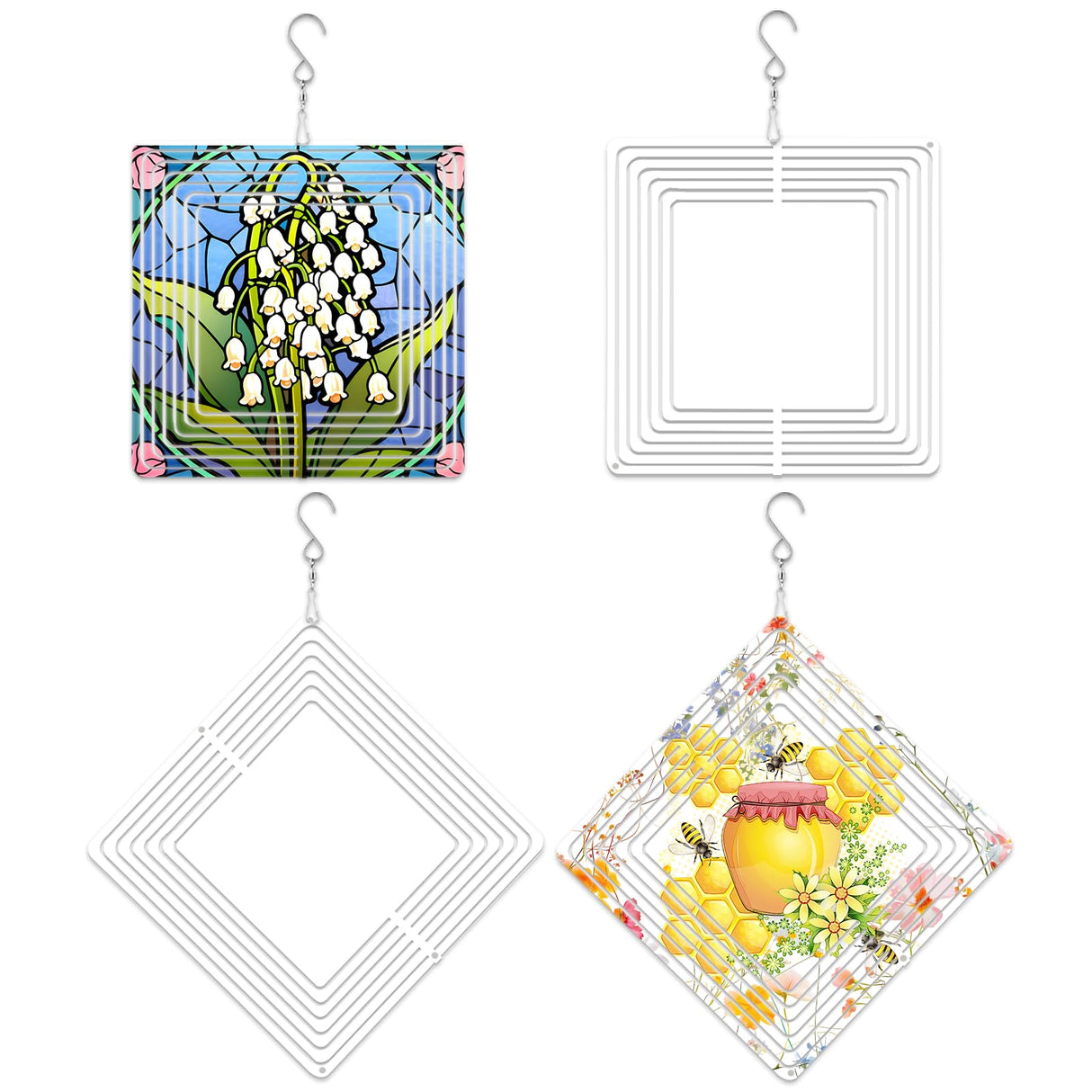 WindMage 4Pack 8inch Sublimation Wind Spinner Blanks 3D Aluminum Metal Wind Sculpture Kinetic Spinners for Yard and Garden Indoor Art Ornaments Hanging Decoration (Square) WindMage