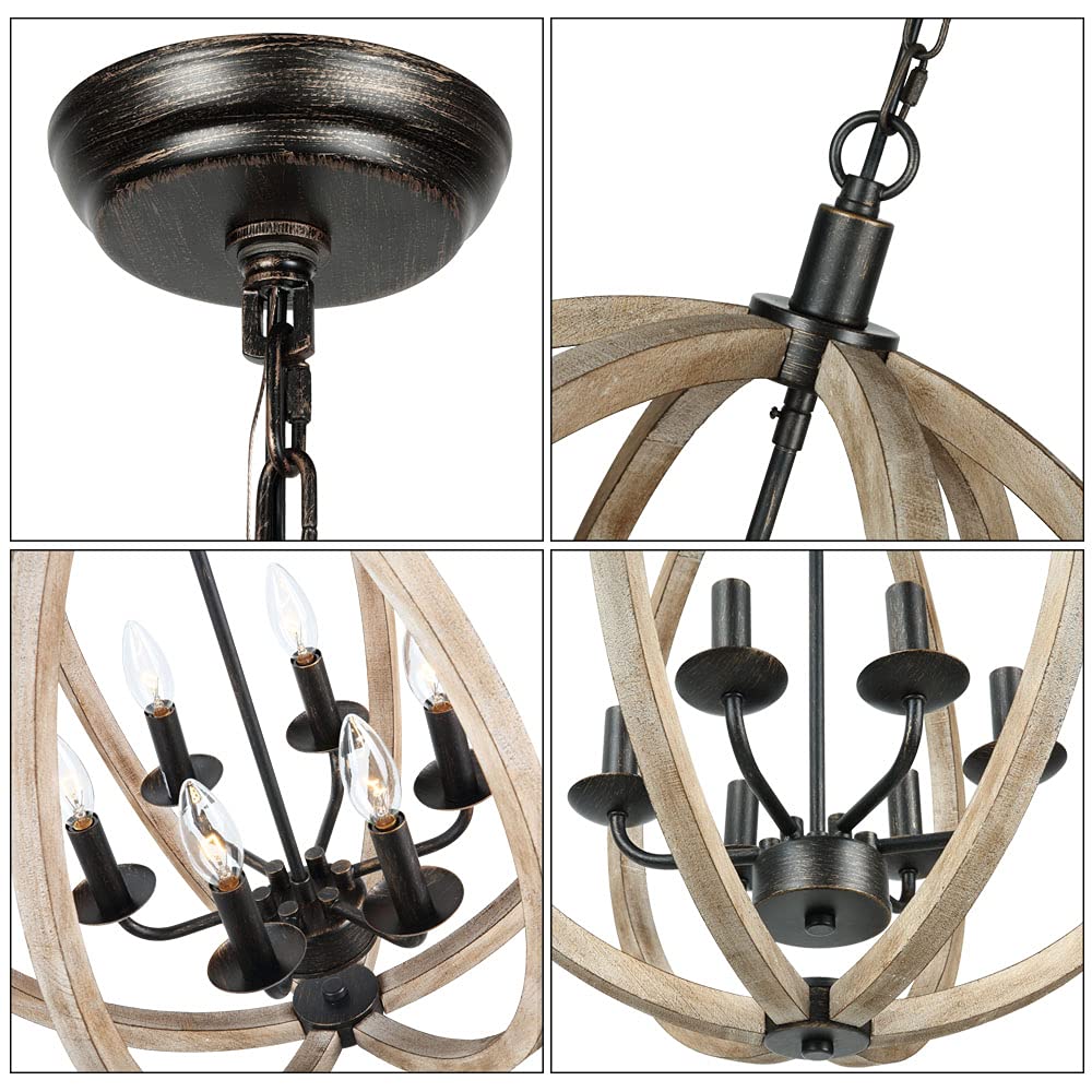Derksic Orb 6-Light Farmhouse Chandelier 20" Rustic Vintage Wood Chandelier Wooden Globe Chandelier for Kitchen Island Living Room Dining Room Bedroom Foyer Stairwell, Brown Derksic