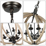 Derksic Orb 6-Light Farmhouse Chandelier 20" Rustic Vintage Wood Chandelier Wooden Globe Chandelier for Kitchen Island Living Room Dining Room Bedroom Foyer Stairwell, Brown Derksic
