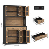 FINETONES 71" Pantry Cabinet with LED Light and Charging Station, Kitchen Pantry Cabinet with Glass Doors and Microwave Stand, Kitchen Cabinets Hutch Cupboard with Doors and Shelves, Black/Brown FINETONES
