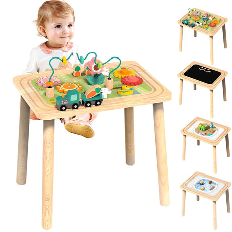 3-in-1 Baby Activity Table for 6-36 Months Old Kids Wooden Activity Center Sensory Play Table for Toddlers with Bead Maze Shape Sorter Montessori Toys Sand Table Must Have Birthday Gift for Girls Boys wiqins