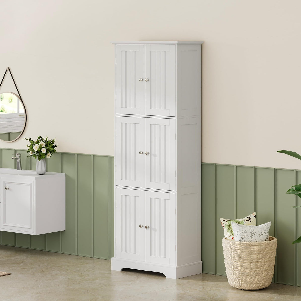 ChooChoo Tall Bathroom Storage Cabinet with 6 Doors, Freestanding Floor Cabinet with Adjustable Shelves, White Pantry Cabinet for Bathroom, Kitchen, Laundry Room ChooChoo