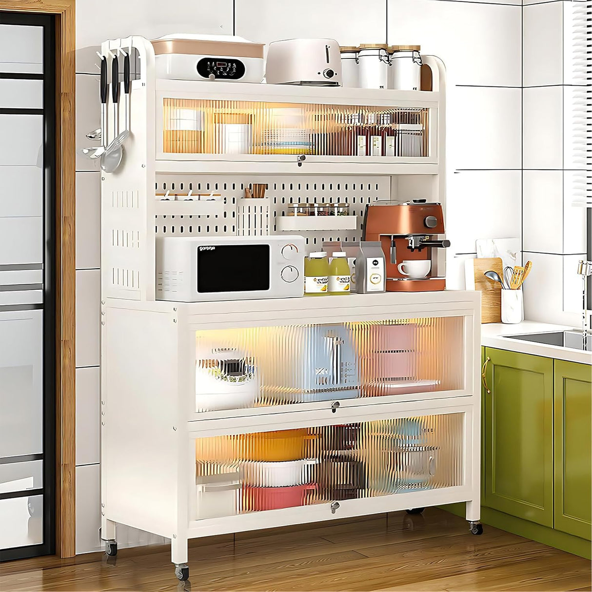 TVMCNA 63" Tall Kitchen Pantry Storage Cabinet, Large Capacity Hutch Cabinet with Acrylic Doors and Microwave Stand, Bakers Racks with Storage for Kitchens, Pantry, Living Room TVMCNA