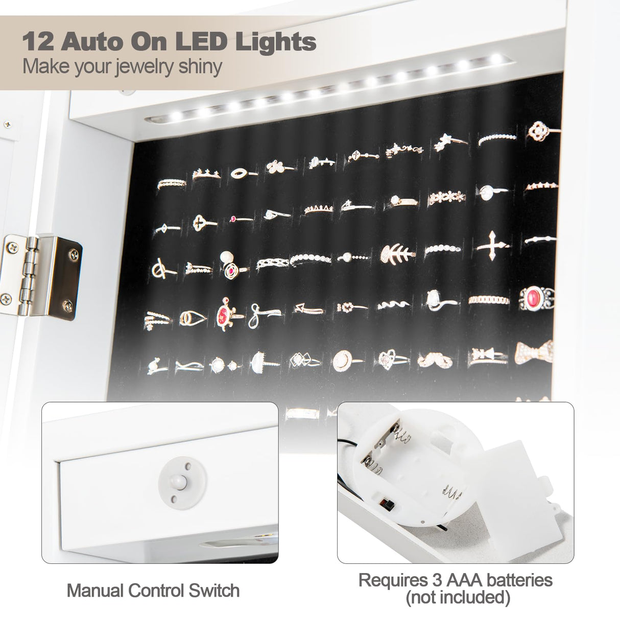 Giantex 12 LED Jewelry Armoire Cabinet with Frameless Full-length Mirror, Standing Jewelry Cabinet Organizer with 16 Lipstick Holders, Large Storage Capacity, 3 Angles Adjustable (White) Giantex