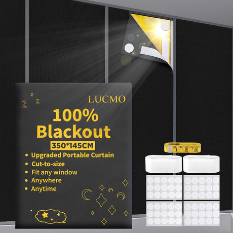 LUCMO Blackout Blinds 138" x 57", 100% Blackout Curtains for Window, No Drill Portable Blackout Shades Film for Bedroom, Cut to Any Size, Nursery Black Out Blinds for Baby Travel Temporary LUCMO