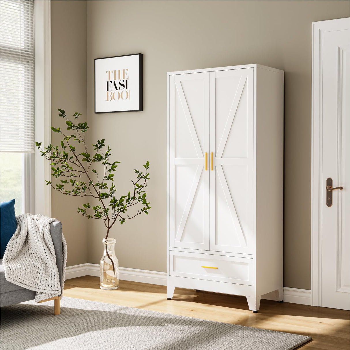 XIOMIOHTRQ Metal Wardrobe Cabinet, 71" Tall Armoire Wardrobe Closet with Drawer, Farmhouse Clothing Storage Cabinet for Bedroom, Laundry (White, 1 Drawer) XIOMIOHTRQ