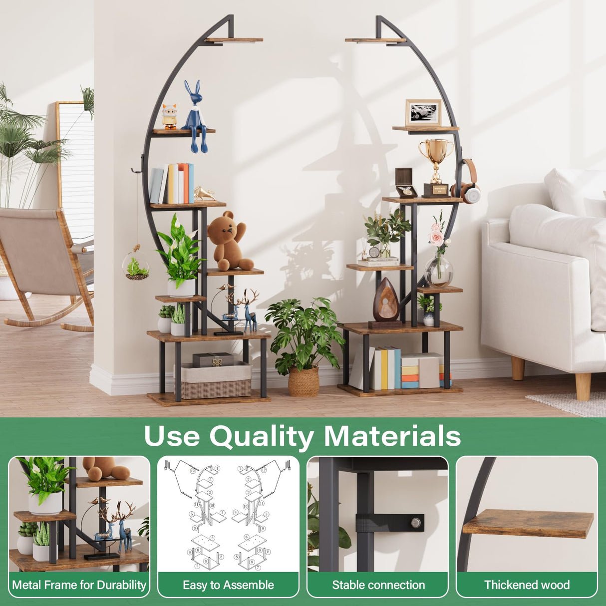 BECOKOME Tall Bookshelf with Lights, 2 Pack Ladder Bookcase, 7 Tier Arched Home Office Storage Book Collectibles Shelves, 64" Modern Corner Display Shelf for Bedroom Living Room Balcony, Rustic Brown BECOKOME