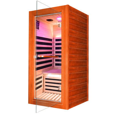 Infrared Sauna for Home Indoor Sauna Wooden Dry Sauna Room Low EMF 1020W for 1 Person with Control Panel, Bluetooth Speaker, Reading Lamp
