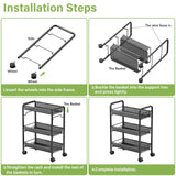 JANE EYRE 3-Tier Rolling Utility Storage Rack Cart on Wheels, Trolley Craft cart, Multi-Purpose Organizer Shelf, Black JANE EYRE