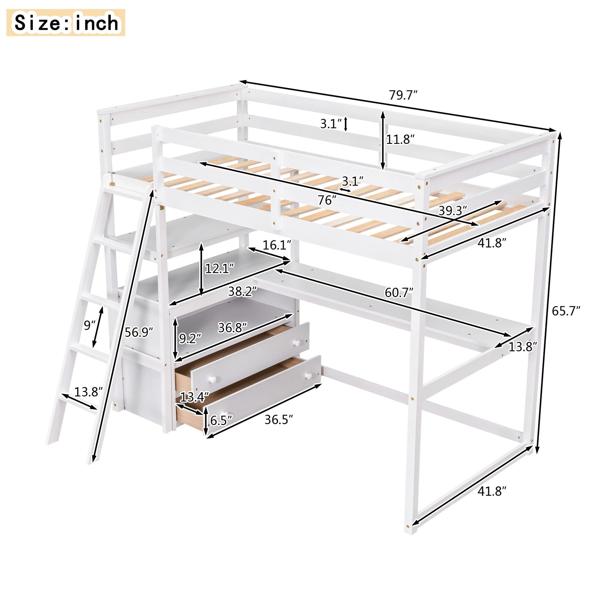 MERITLINE Twin Loft Bed with Desk, Storage Drawers and Shelves in White - WoodArtSupply