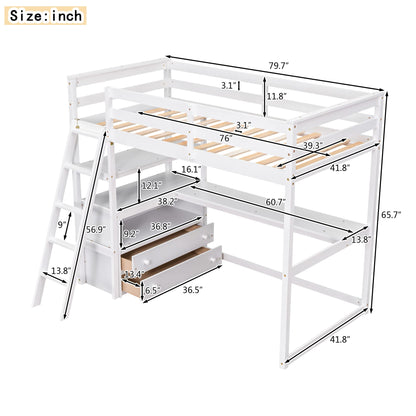 MERITLINE Twin Loft Bed with Desk, Storage Drawers and Shelves in White - WoodArtSupply