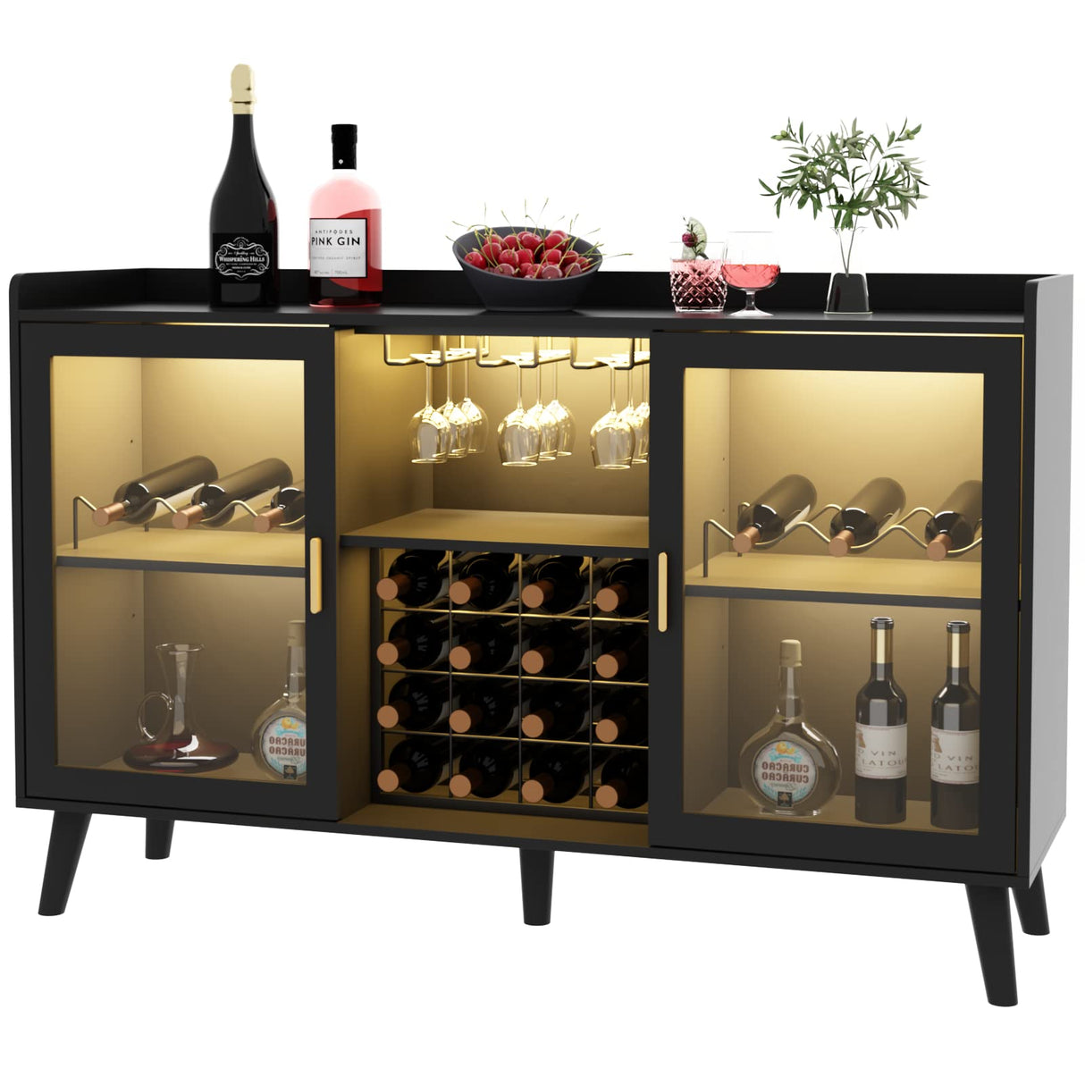 GYFIMOIE Modern Wine & Cocktail Cabinet with LED Light, Home Bar w Wine Rack and Glass Holder, Kitchen Buffet with Storage, Freestanding Liquor Cabinet (Black) Gyfimoie
