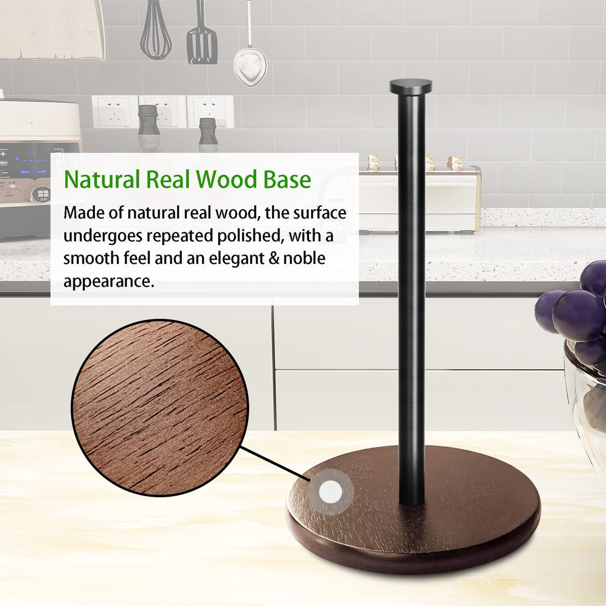 Countertop Paper Towel Holder Wood, OBODING, Farmhouse Standing Kitchen Paper Towel Holders with Real Wooden Base, fits Standard and Jumbo Size Paper Towels (Brown) OBODING