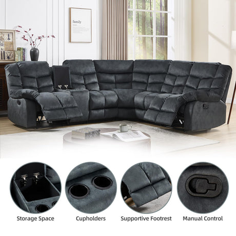 EBELLO Manual Reclining Sectional Sofa Set for Living Room, Soft Fabric Recliner Corner Sectional Couch with Center Console, Cup Holder and Storage, Grey EBELLO