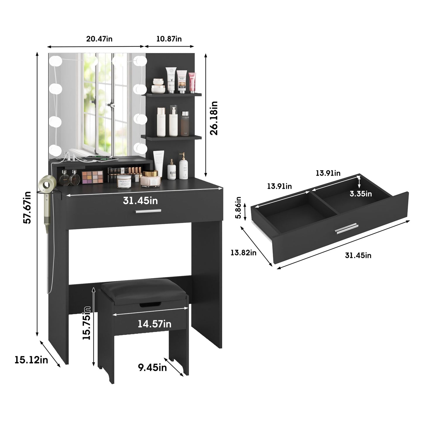 Vabches Makeup Vanity Table with Lighted Mirror & Power Strip, Vanity Set with Drawer Lots Storage, 3 Lighting Modes, Brightness Adjustable, 31.45 * 15.75 * 57.7in, Black