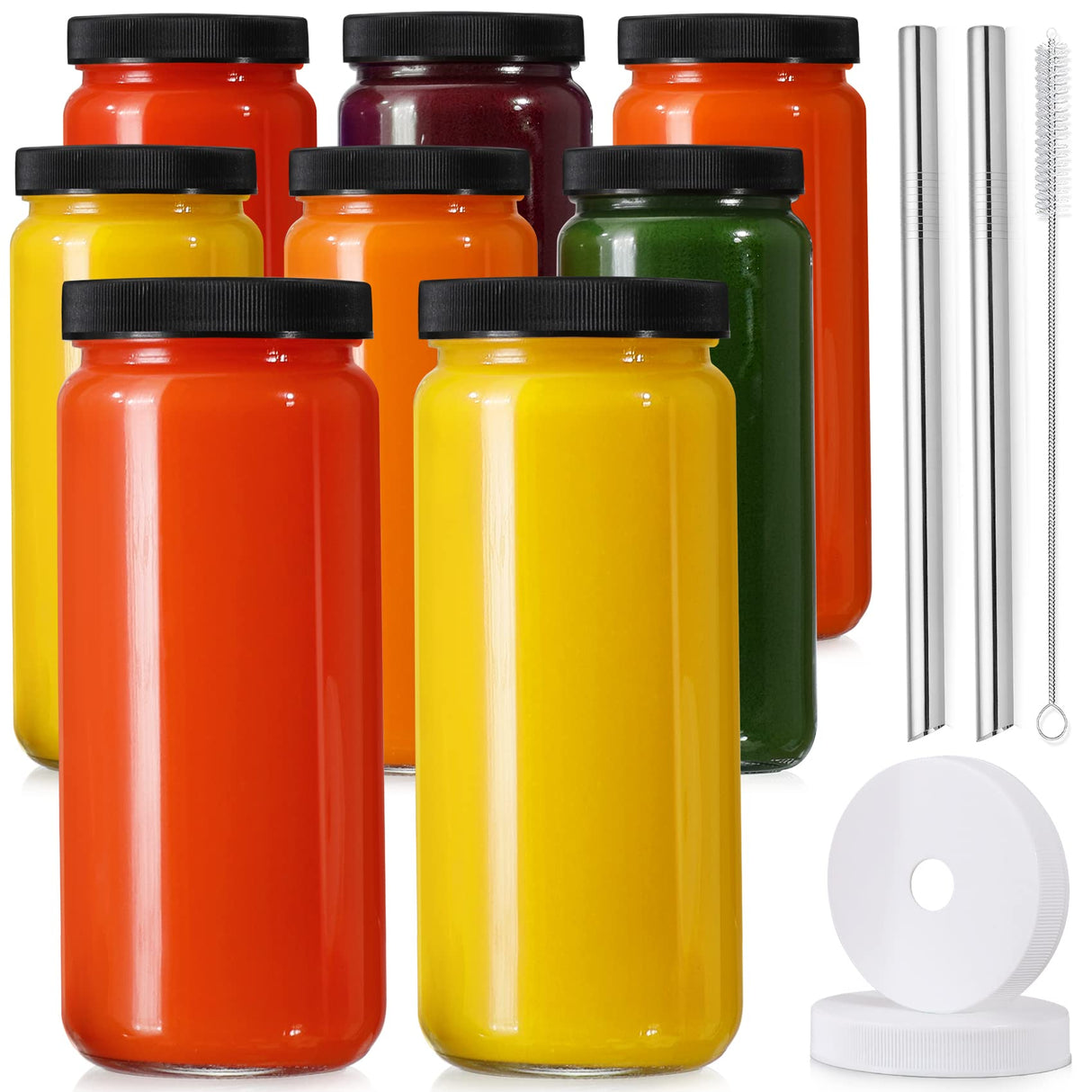 [ 8 Pack ] Glass Juicing Bottles with 2 Straws & 2 Lids w Hole- 16 OZ Travel Drinking Jars, Water Cups with Black Airtight Lids, Reusable Tall Mason Jar for Juice, Bubble Tea, Smoothie, Tea, Kombucha AOZITA