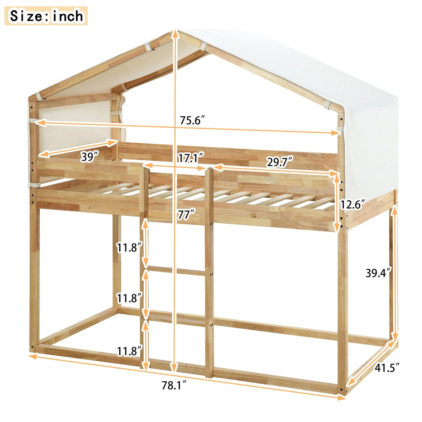 Harper & Bright Designs Twin Over Twin House Bunk Bed with Tent in Natural Wood Finish - WoodArtSupply