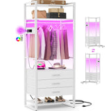 Cyclysio 75 '' Tall Garment Rack with 3 Fabric Drawers, 4-Tier Clothing Rack with Power Outlets & LED Lights, Closet System with Shoe Rack & Shelves for Small Spaces, White Cyclysio