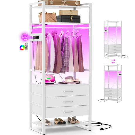 Cyclysio 75 '' Tall Garment Rack with 3 Fabric Drawers, 4-Tier Clothing Rack with Power Outlets & LED Lights, Closet System with Shoe Rack & Shelves for Small Spaces, White Cyclysio
