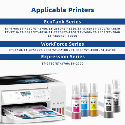 Xcinkjet 522 Ink Refill Bottles for Ecotank ET-2800 ET-2720 ET-2803 ET-4800 ET-2760 ET-2800 ET-4700 T522 Eco Tank Printer (2BK C M Y)