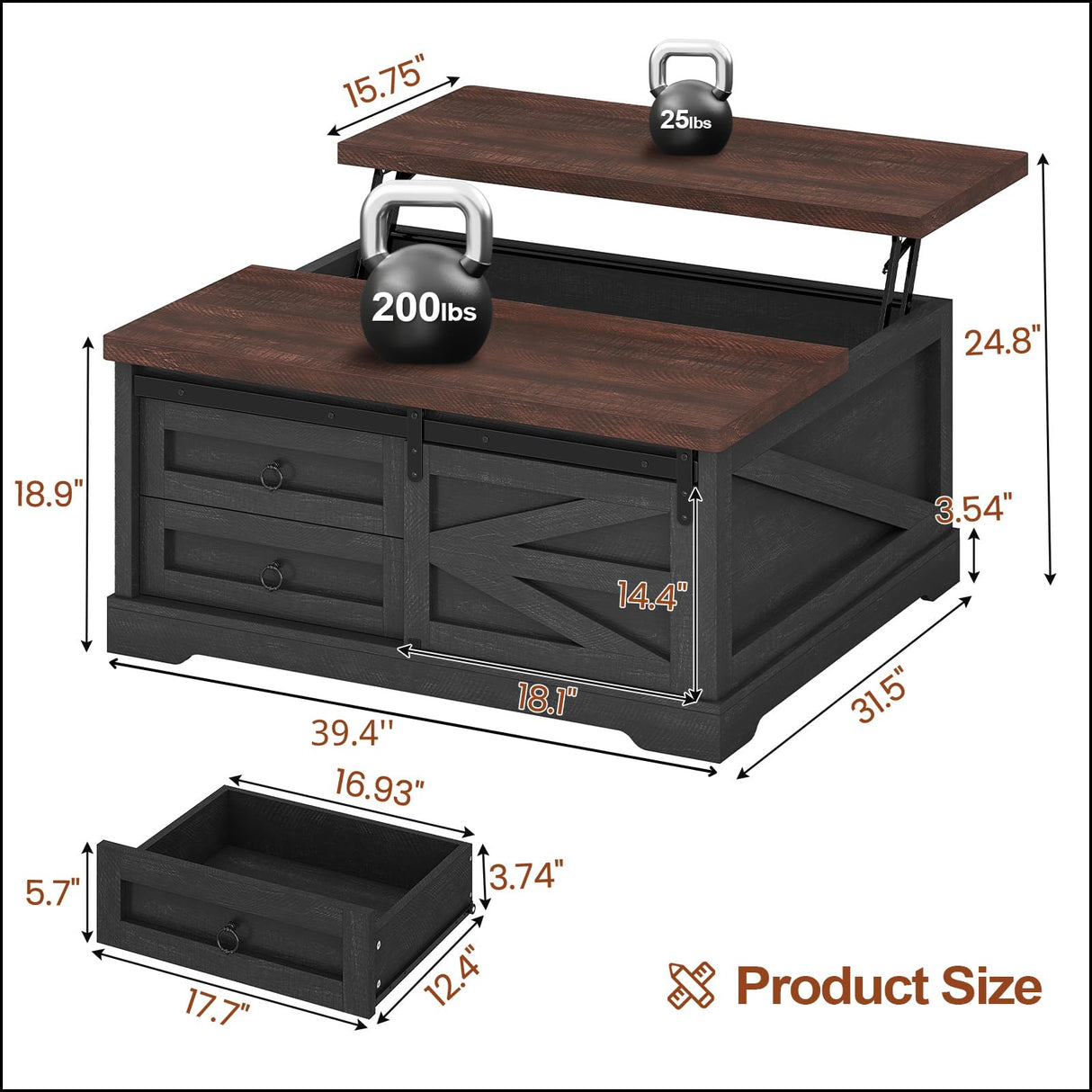 Itaar 39.4'' Lift Top Coffee Table with Storage, Farmhouse Coffee Tables for Living Room, Square Coffee Table with Large Hidden Compartment & 2 Drawers & Adjustable Shelves, Black Itaar