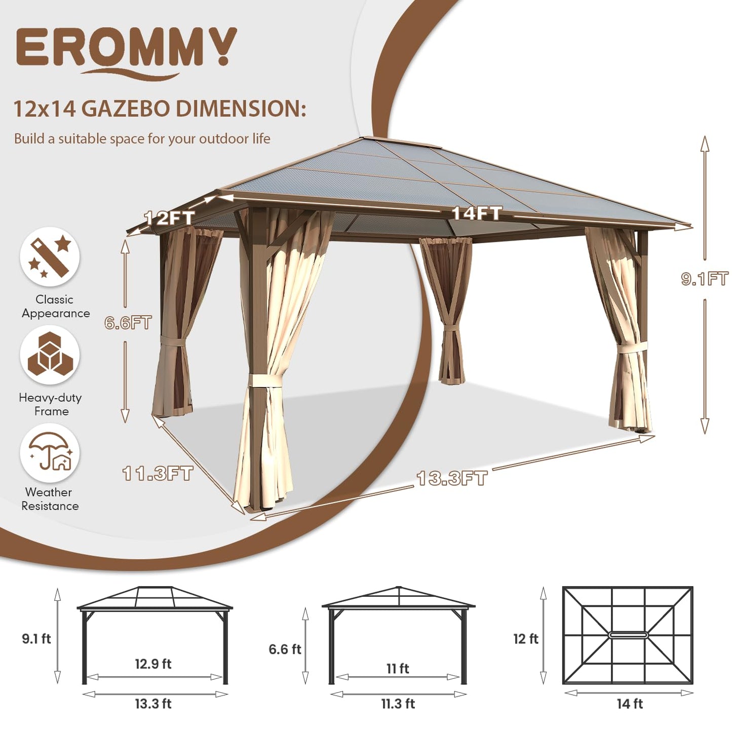 EROMMY 12' x 14' Gazebo Single Polycarbonate Roof Canopy Outdoor Aluminum Frame Permanent Pergolas with Netting and Curtains for Patio Backyard Garden Lawns Parties - WoodArtSupply