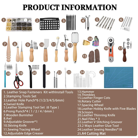 SOCNITC Leather Craft Tools, Leather Working Kit with Snaps and Rivets Kit Stamping Tools Stitching Groover Waxed Thread Punch Hole for Leathercraft Adults, Beginners SOCNITC
