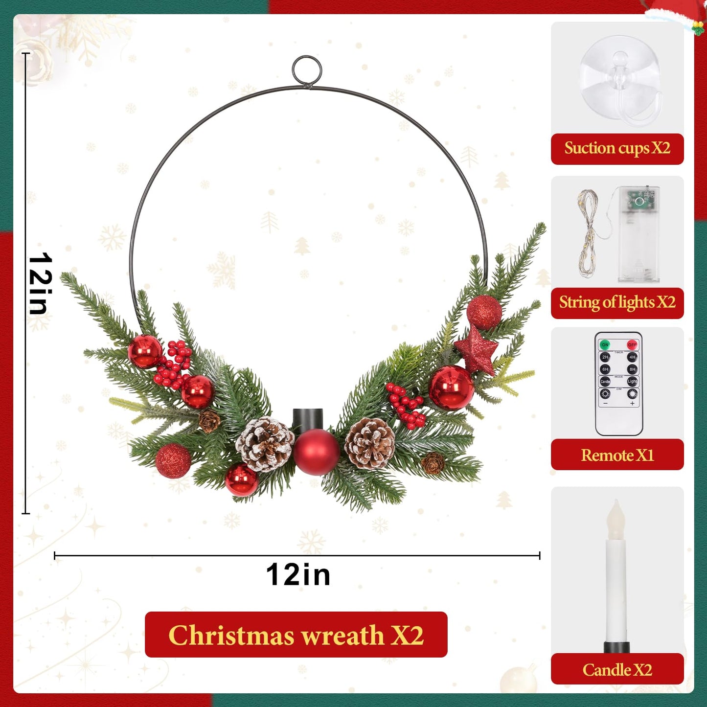 Dolicer 2 Pcs Christmas Wreaths for Front Door Window 12In Christmas Wreaths with LED Lighted Taper Candles and Remote Control Berries and Pine Cones Wreaths for Holiday Christmas Party Decoration