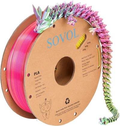 Sovol PLA Filament Silk Tri Color Co-Extrusion 1.75mm, 3D Printer Filament 1kg/ 2.2lbs, Shiny Silk Rose Blue Yellow 3 in 1 Coextrusion PLA Material +/-0.03mm