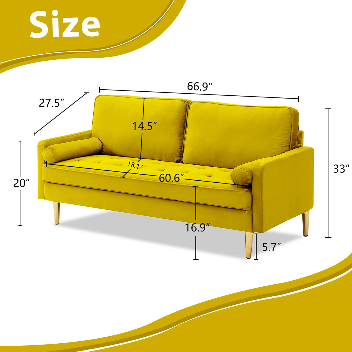 RXRRXY 67" Modern Velvet Loveseat Sofa Couch, Mid-Century Tufted Upholstered Small Love Seat Couch with 2 Pillows & 4 Golden Legs, 2-Seats Couches for Compact Space, Living Room, Apartment (Yellow) RXRRXY