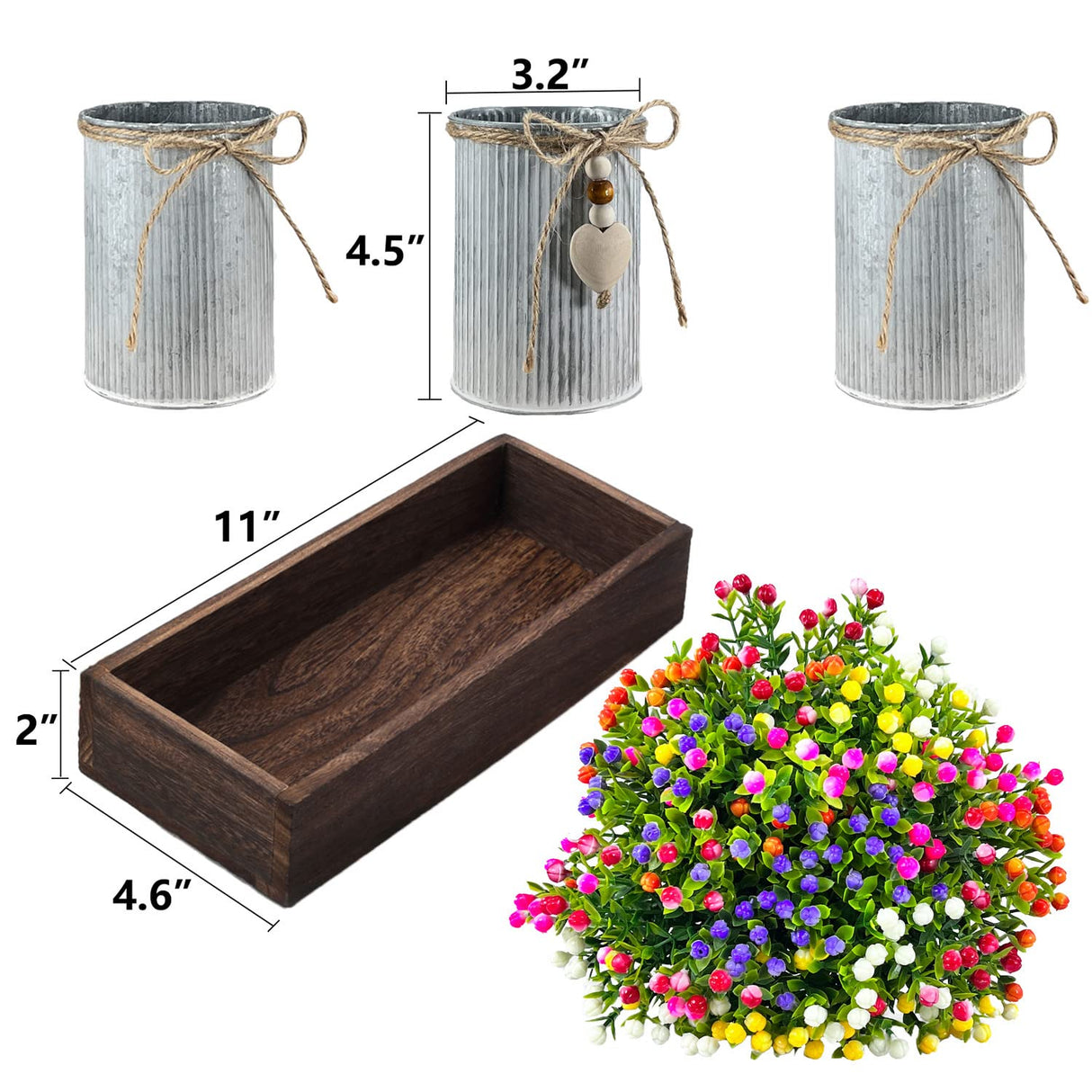 HEMYLU Table Centerpiece Decoration Artificial Flower Set with 3 Fake Milan Bouquet and Wood Tray for Desk Home Bathroom Office Décor HEMYLU