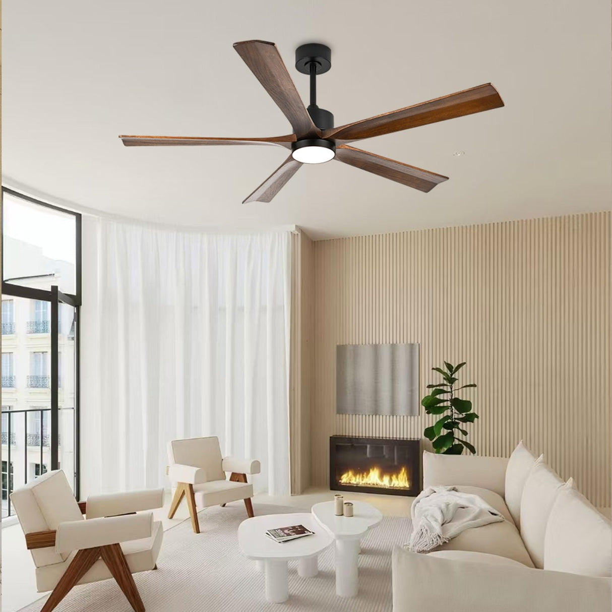 heimo 60 Inch Ceiling Fans with Lights and Remote, Wood Indoor Outdoor Ceiling Fan with Light for Patios Living Room Bedroom 5 Blades DC Motor Mid Century Modern Wooden Fan (Walnut) heimo
