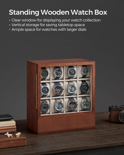 SONGMICS 12-Slot Wooden Watch Box, Watch Display Case with Window, Watch Display Cabinet with Solid Wood Veneer, Velvet Lining, Vertical Storage, - WoodArtSupply