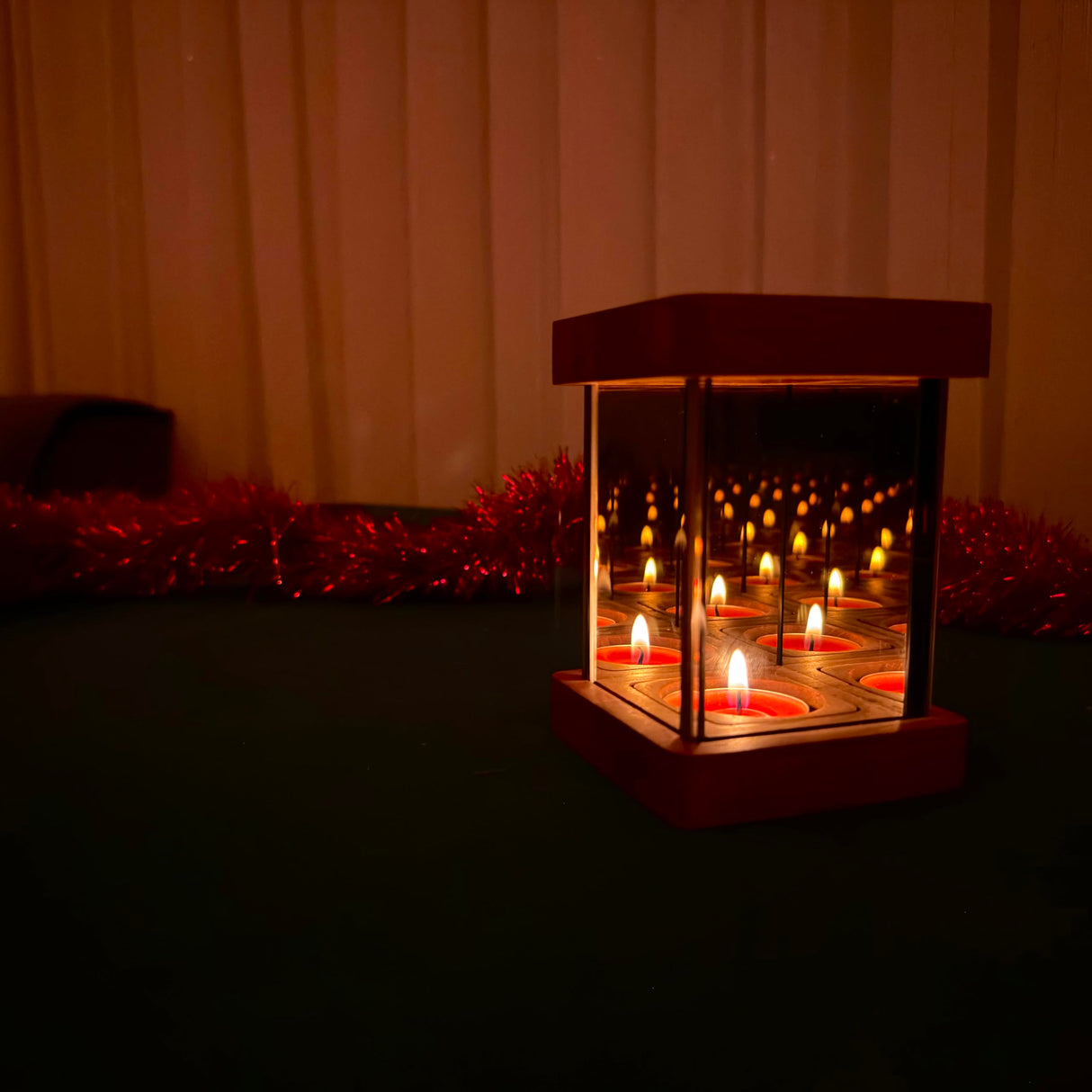 Wooden Infinity Mirror Candle Holder, Glass Tea Light Holder, Square Glass Box Candle Holder, Reflective Mirror Effect, Table, Infinity Cube, Gifts for Wife, Wedding Registry, Christmas, Thanksgiving Ashel Art