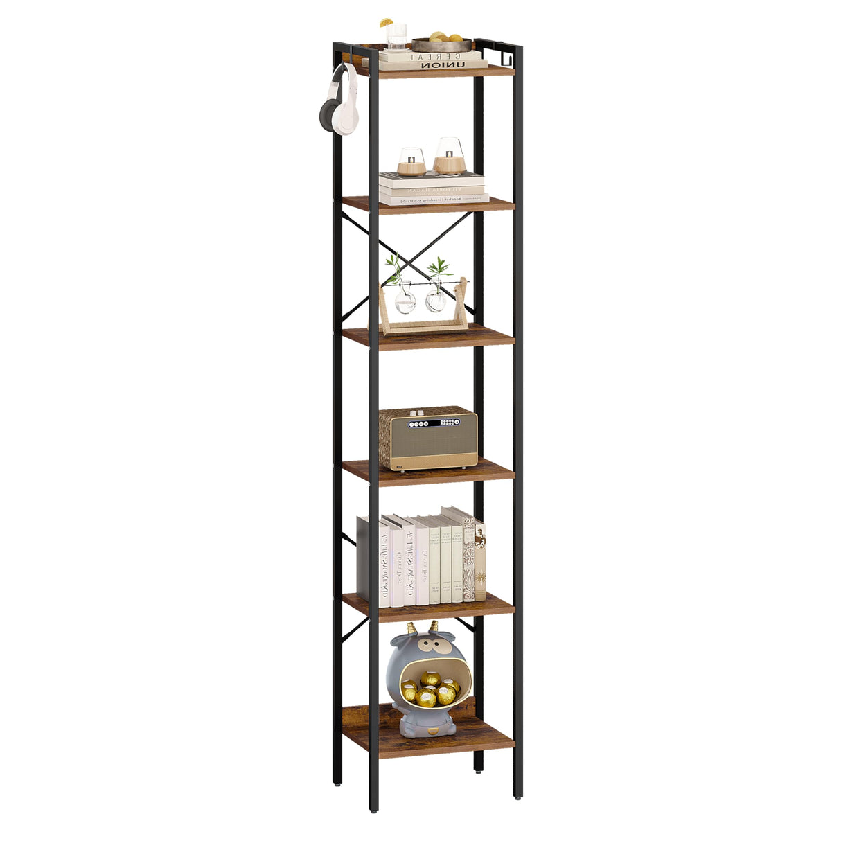 Hzuaneri 6-Tier Rustic Brown Industrial Bookshelf with Hooks for Space-Saving Storage Hzuaneri