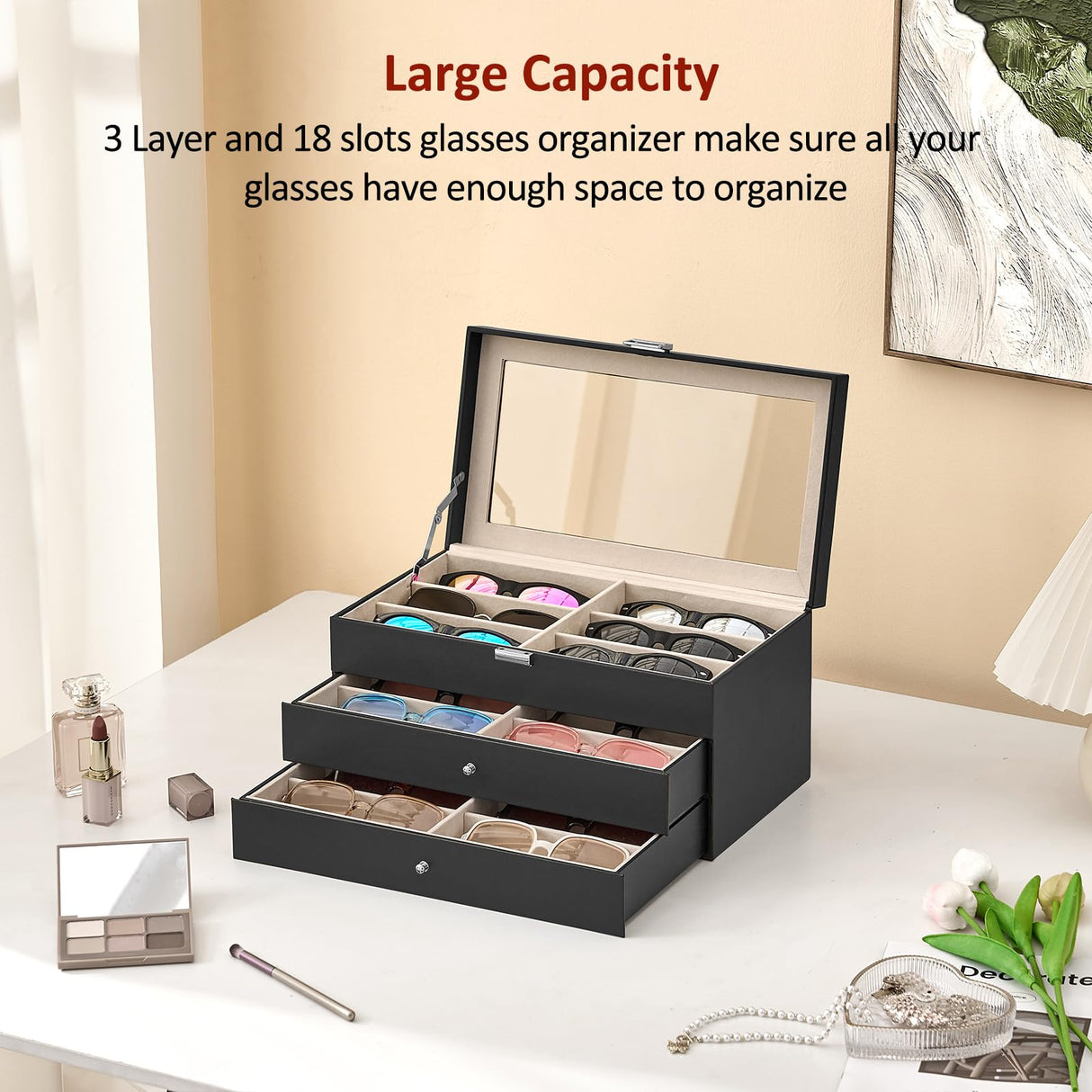 habgp Sunglasses Organizer with 18 Slots, 3-Layer Multiple Eyeglasses Eyewear Storage Glasses Holder Leather Box Display Case for Women Men - Black habgp