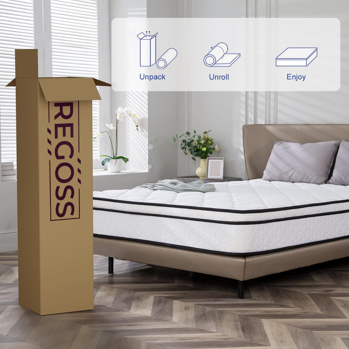 REGOSS Full Mattress, 10 inch Hybrid Full Mattress in A Box, Bonnell Coil Full Size Mattress Medium Soft Feel with High Density Foam for Pressure Relief REGOSS