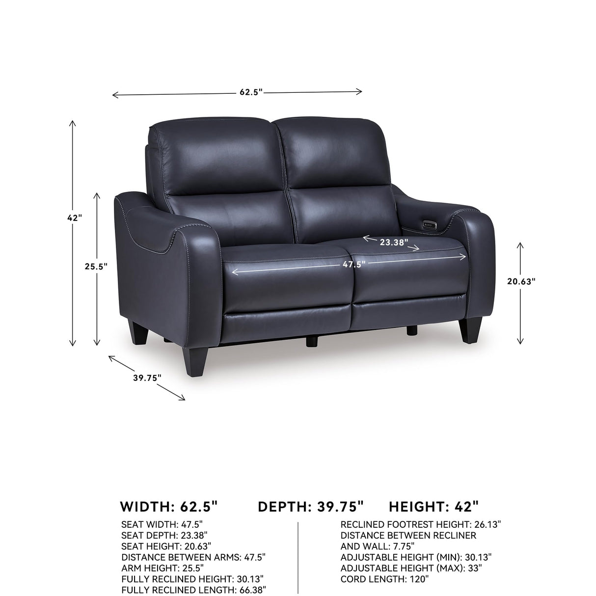 Signature Design by Ashley Mercomatic Contemporary Leather Match Wall Hugger Power Reclining Loveseat with Adjustable Headrest and USB Ports, Blue Signature Design by Ashley