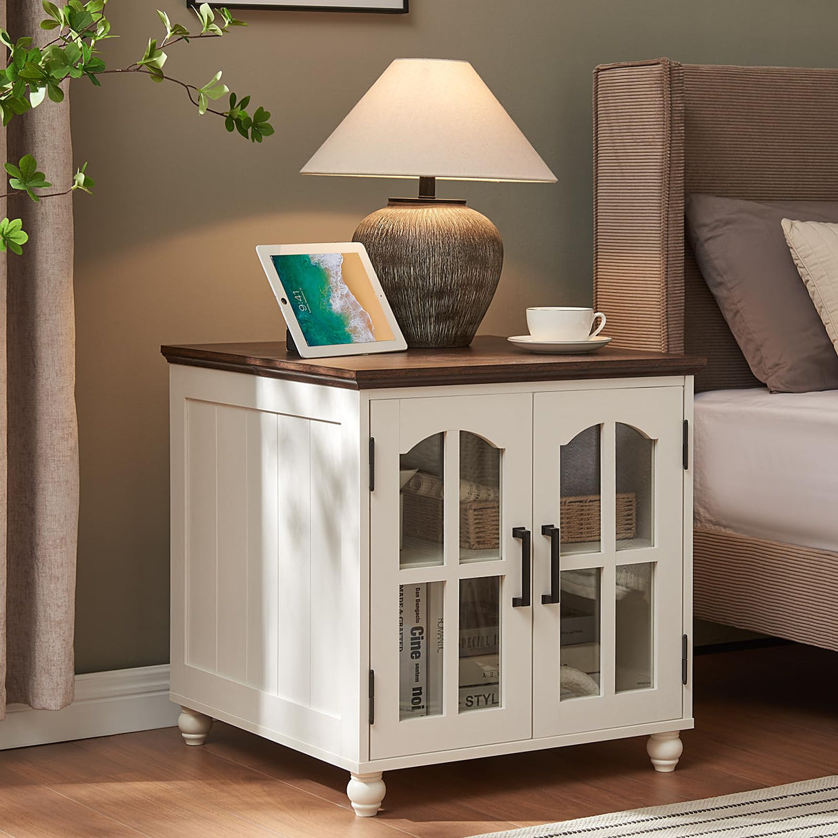 RWYHG Farmhouse End Table Set of 2 with Charging Station, 18'' Narrow Side Table and 24" Large Sofa Side Table with Glass Barn Door Storage, Wood Night Stand Bedside Table for Living Room,Bedroom RWYHG