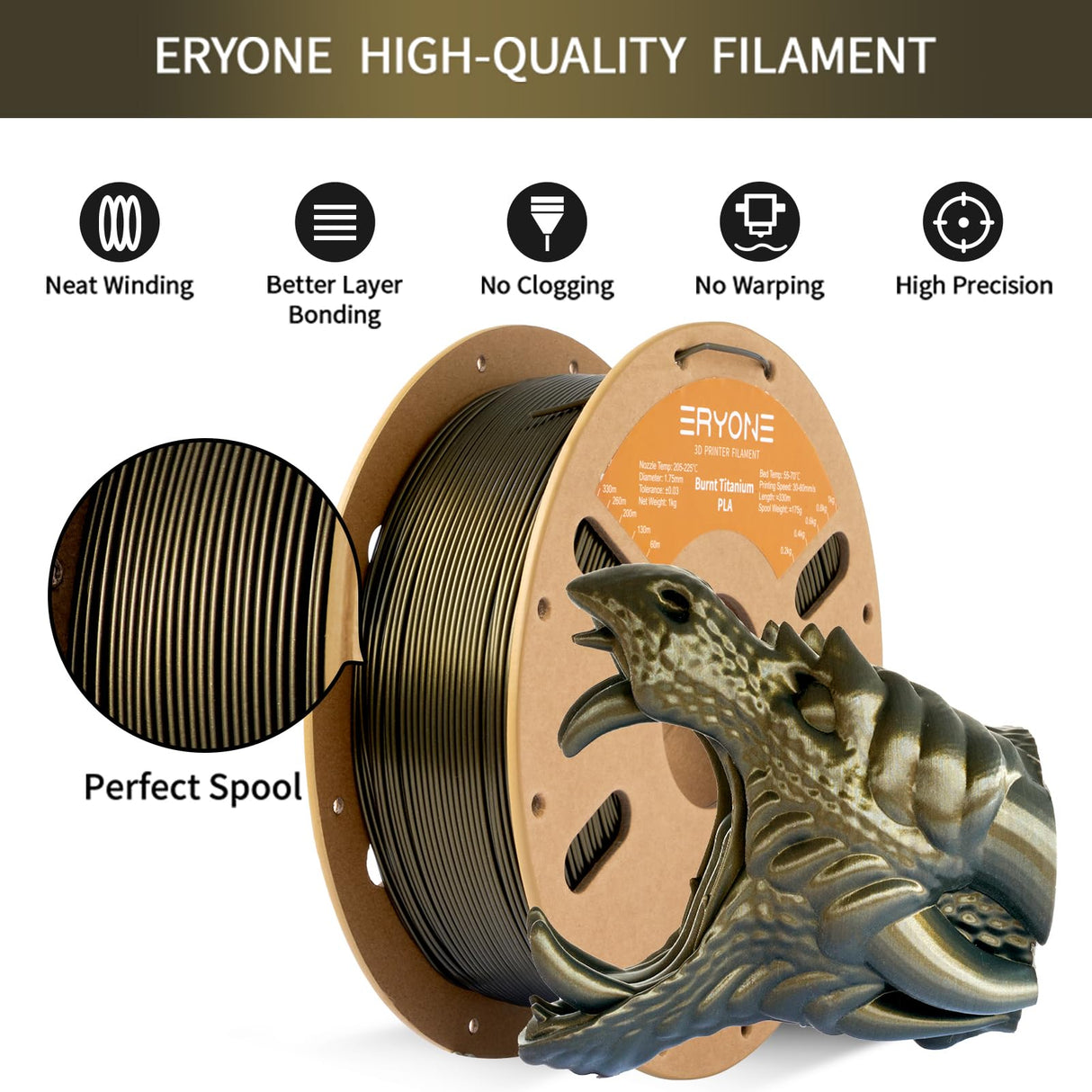 ERYONE Burnt Titanium PLA Filament 3D Printer PLA Filament 1.75mm +/- 0.03mm, Glitter PLA Filament 1KG Cardboard Spool(2.2LBS), Dark Gold ERYONE