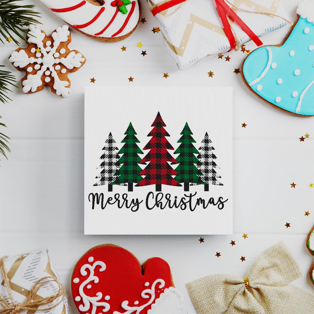 Funny Christmas Trees Wooden Box Sign Plaque Merry Christmas Wood Box Sign Rustic Art Home Shelf Desk Decor 5 x 5 x 1 Inches