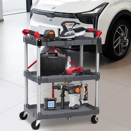 Towallmark Portable Folding Service Cart, 3 Tier Folding Utility Cart, Collapsible Utility Carts for Office, Warehouse, and Home, 56 Lbs Load Capacity per Shelf (Grey & Red) Towallmark