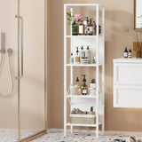 Furologee Bookshelf with LED Lights, 5 Tier Display Shelf with Back, Tall Narrow Bookcase, Modern Corner Standing Shelves, Metal and Wooden Storage Rack for Bedroom, Living Room, Office, White Furologee