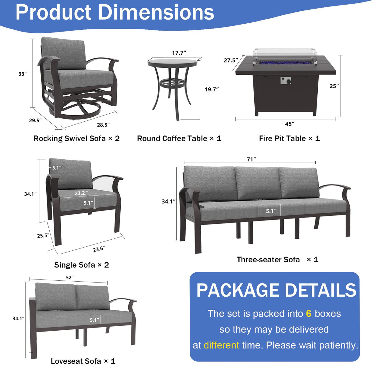 ALAULM Aluminum Patio Furniture Set with Propane Fire Pit Table 9-seat Metal Outdoor Furniture w/Fire Pit Patio Sectional w/5.1" Cushions for Patio, Backyard, Poolside-Grey ALAULM