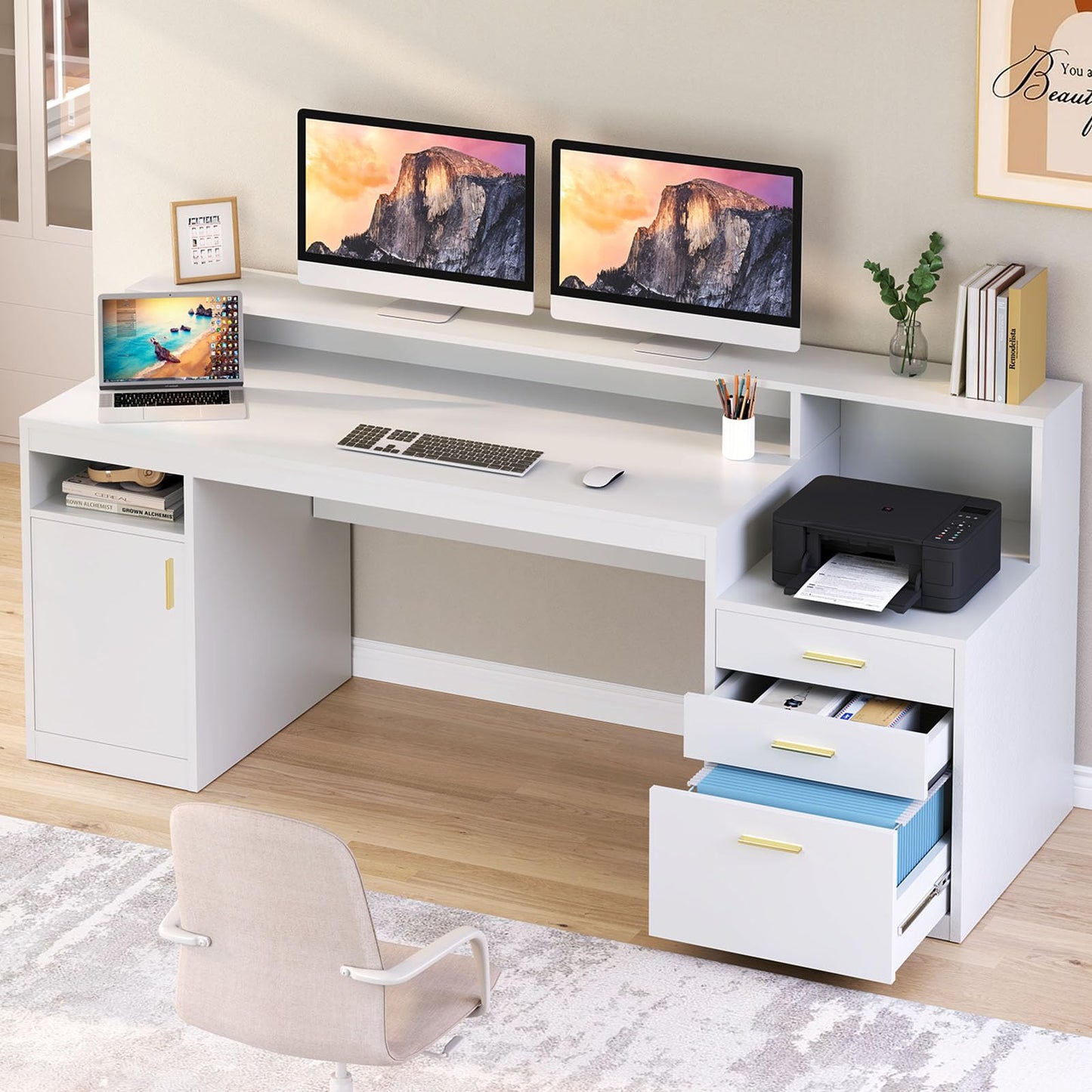 YOMILUVE Computer Desk with 3 Drawer & Storage Shelves, Home Office Desk with File Drawer & Cabinet, Writing Study Table with Long Monitor Stand & Printer Shelf, Executive Desk, White - WoodArtSupply