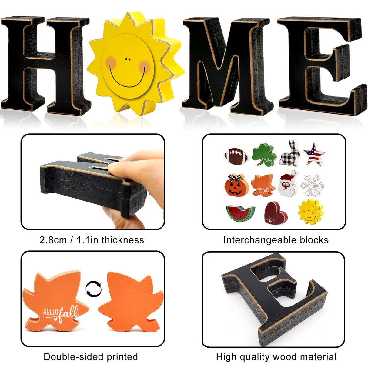 Interchangeable Home Table Signs with 11Pcs Seasonal Icons, Wooden "HOME" Letter Signs Interchangeable Holiday Decorative Table Shelf Centerpiece for Holiday Room Decoration Medoore