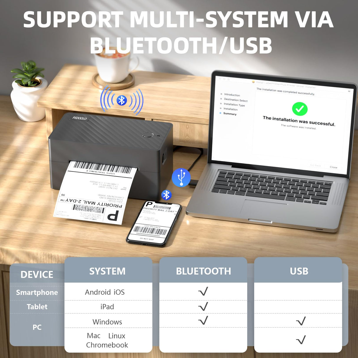 PEDOOLO Label Printer, Bluetooth Shipping Label Printer, 4x6 Thermal Printer for Shipping Packages, Compatible with Android. iPhone.Windows, Mac, Chromebook, Amazon, Ebay, UPS.USPS, FedEx, Shopify PEDOOLO