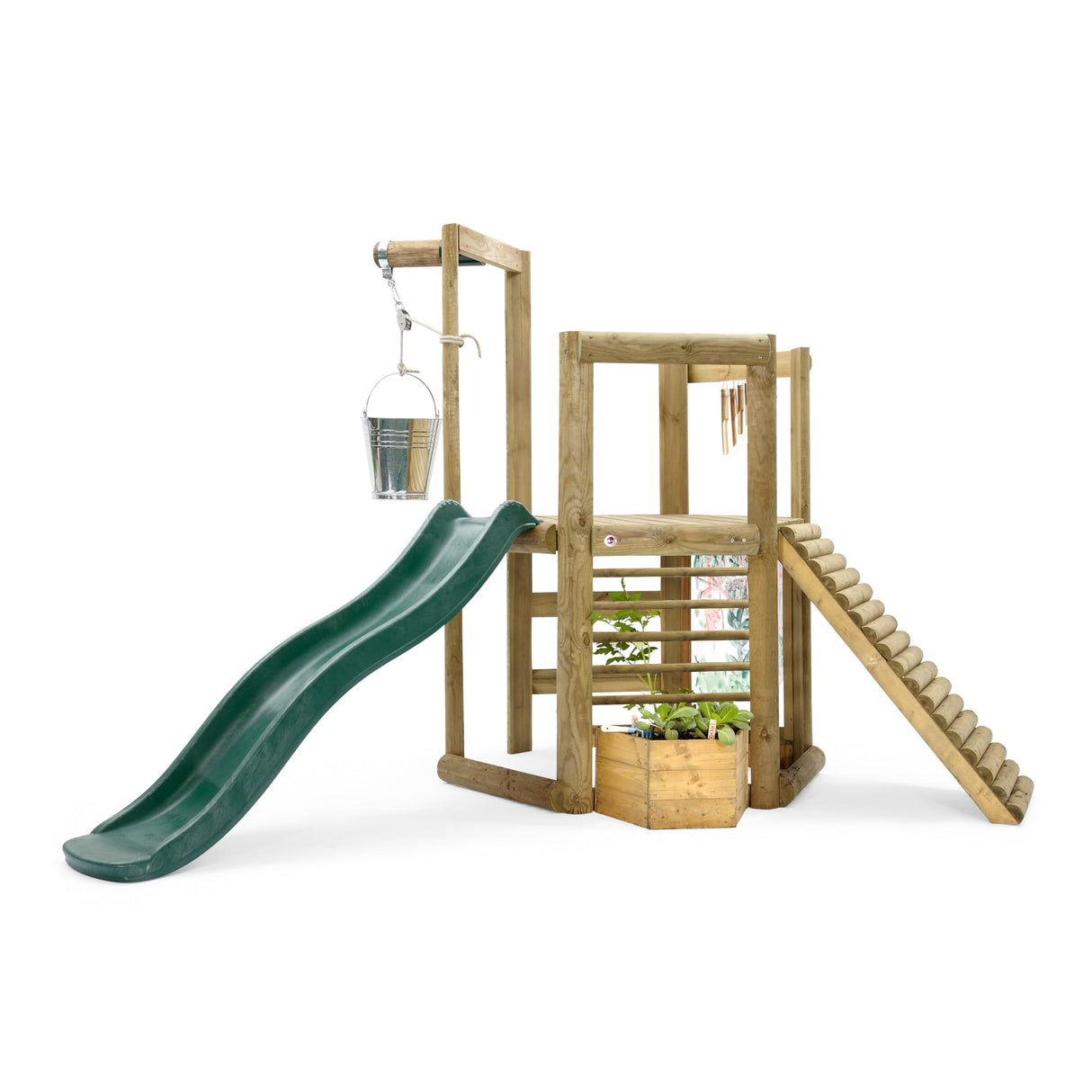 Plum Discovery Wooden Outdoor Playset, Toddler Slide, Playground Sets For Backyards, Kids Yard Play Equipment with Painting Easel, Bucket, Built-In Planter Box, Climbing Wall, Weatherproof, Age 3+ Yrs Plum