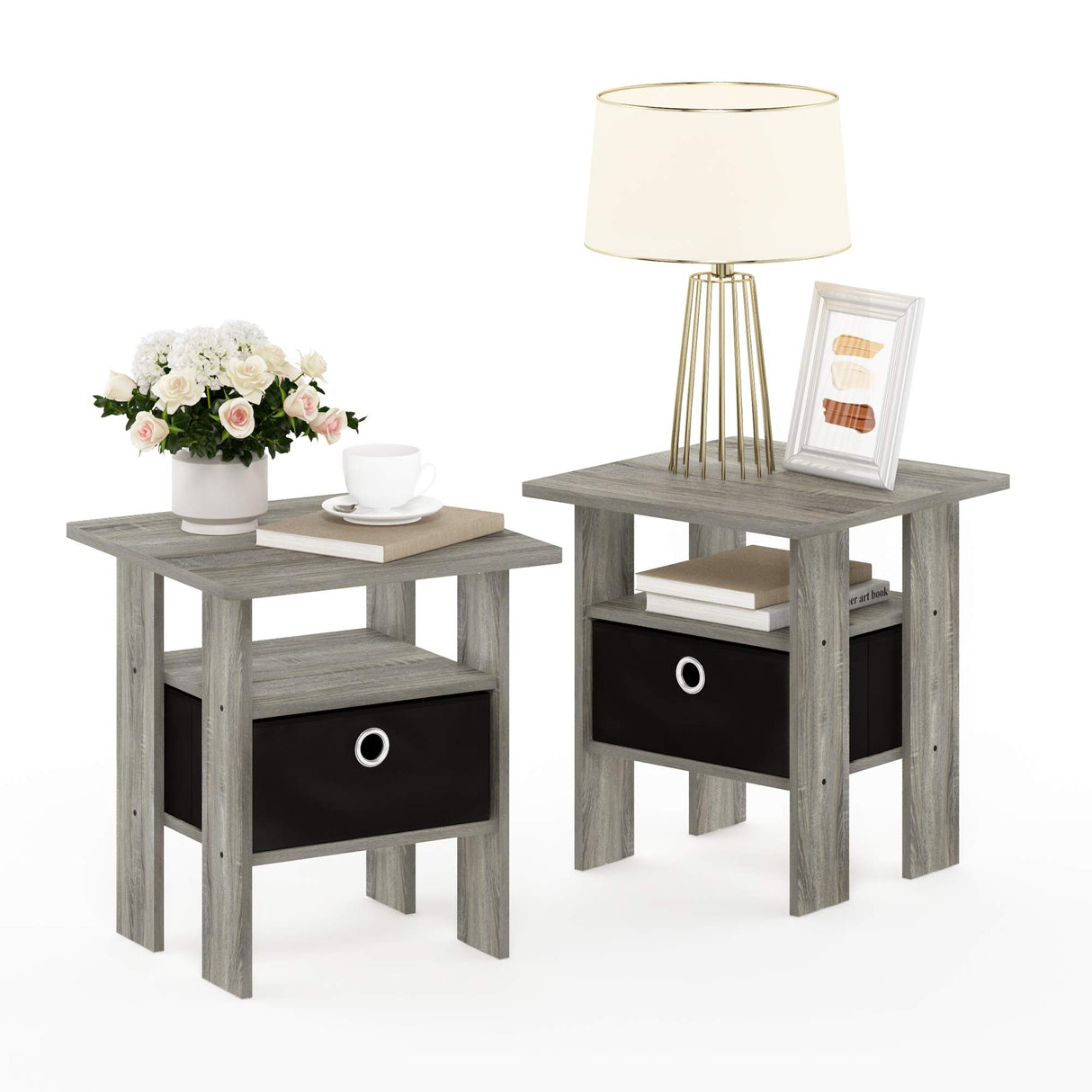 Furinno Andrey Set of 2 End Table / Side Table / Night Stand / Bedside Table with Bin Drawer, French Oak Grey Furinno